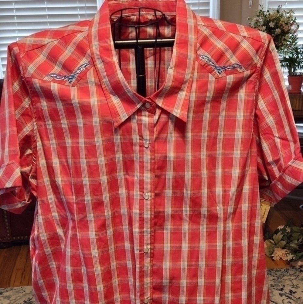 Womens 3X‎  BitNBridle NWT Pearl Snap Western Rodeo Embroidered Shirt Pink Plaid